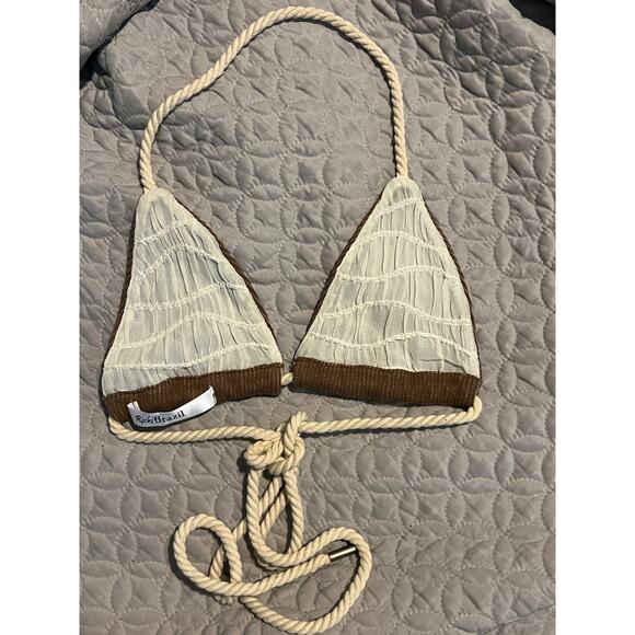 Ricki Brazil Bamboo Rope Tie Bikini Top Brown S Sexy Club Wear Resort Knit Party - Picture 3 of 10
